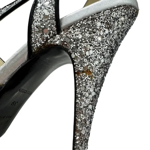 MIU MIU 2006 RUNWAY SILVER GLITTER STILETTO SANDALS w/CRYSTAL EMBELLISHMENTS
